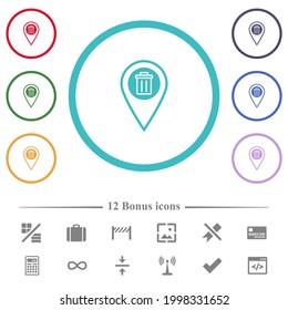 Delete GPS location flat color icons in circle shape outlines. 12 bonus icons included.