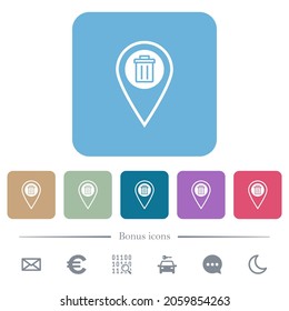 Delete GPS location white flat icons on color rounded square backgrounds. 6 bonus icons included