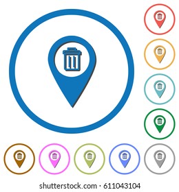 Delete GPS map location flat color vector icons with shadows in round outlines on white background