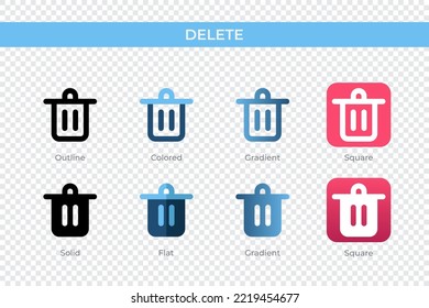 delete icon in different style. delete vector icons designed in outline, solid, colored, gradient, and flat style. Symbol, logo illustration. Vector illustration