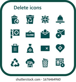 delete icon set. 16 filled delete icons.  Simple modern icons such as: Trash, Makibishi, Notification, Red cross, Close, Delete, Garbage, Erase, Recycling, Diskette, Trash can