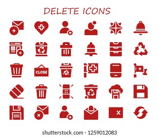  delete icon set. 30 filled delete icons. Simple modern icons about  - Add, Red cross, Notification, Makibishi, Trash, Inbox, Recycling, Close, Eraser, Diskette, Delete, Erase