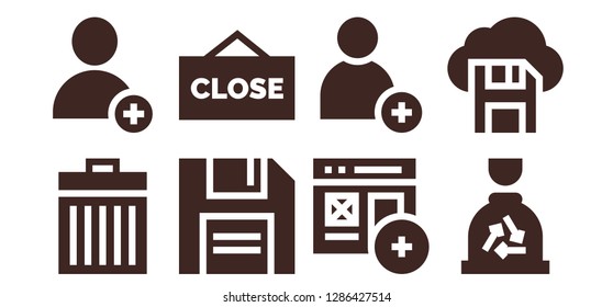  delete icon set. 8 filled delete icons. Simple modern icons about  - Trash, Add, Diskette, Close, Garbage