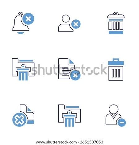 Delete icon set. Bold line style. Duotone colors. Editable stroke. delete, remove user, user, delete file, folder.