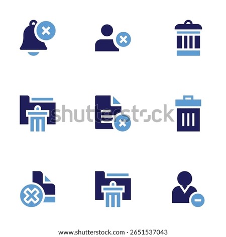 Delete icon set. Bold style. Duotone colors. delete, remove user, user, delete file, folder.