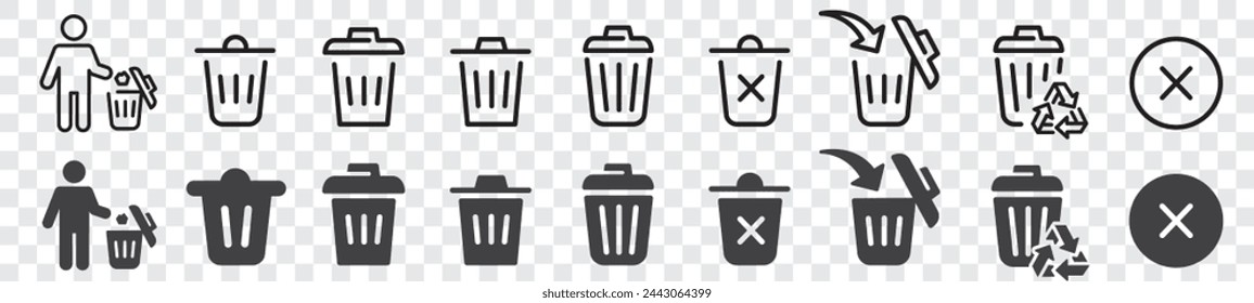 Delete icon set. delete button trash remove cancel undo throw remove editable stroke line icon collection. Vector illustration.