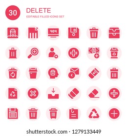 delete icon set. Collection of 30 filled delete icons included Waste, Delete, Error, Diskette, Trash, Add, Cancel, Add button, Recycle, Reply, Eraser, Inbox, Attached file, Recycling