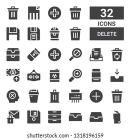 delete icon set. Collection of 32 filled delete icons included Garbage, Inbox, Inboxes, Diskette, Erase, Trash, Add, Shredder, Failure, Eraser, Waste, Close, Add button, Recycle