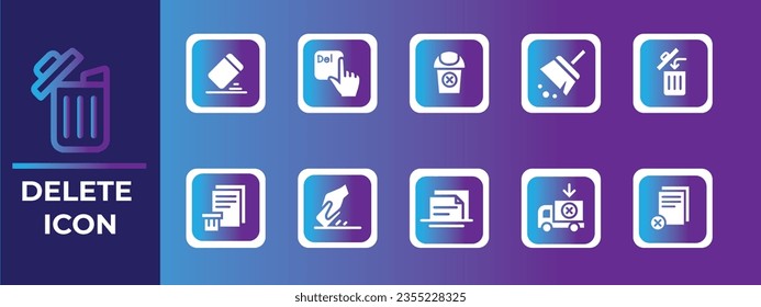 Delete icon set. Containing trash, delete button, cancel, undo, throw and remove icons. Solid icon collection. Vector illustration.