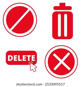 Delete icon set. Containing trash, delete button, cancel, undo, throw and remove icons. Red delete icon collection. Vector illustration.