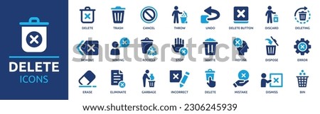 Delete icon set. Containing trash, delete button, cancel, undo, throw and remove icons. Solid icon collection. Vector illustration.