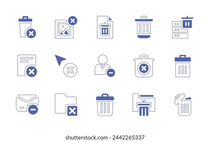 Eliminar conjunto de iconos. Trazo de línea de estilo duotono y negrita. Ilustración vectorial. Conteniendo basura, eliminar, eliminar usuario, carpeta, eliminar documento, eliminar correo.