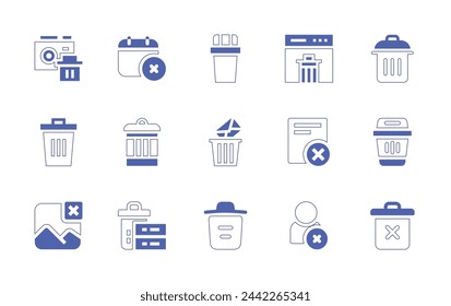 Delete icon set. Duotone style line stroke and bold. Vector illustration. Containing trash, trash bin, trash can, delete, email, delete document, user.