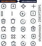Delete icon set. Editable Stroke. Containing trash, delete button, cancel, throw and remove icons. Solid Add tab icon. Cancel symbol. Close tab sign. Plus minus and multiplying round button.