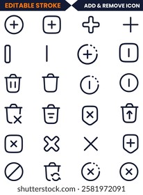 Delete icon set. Editable Stroke. Containing trash, delete button, cancel, throw and remove icons. Solid Add tab icon. Cancel symbol. Close tab sign. Plus minus and multiplying round button.