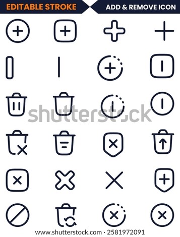 Delete icon set. Editable Stroke. Containing trash, delete button, cancel, throw and remove icons. Solid Add tab icon. Cancel symbol. Close tab sign. Plus minus and multiplying round button.