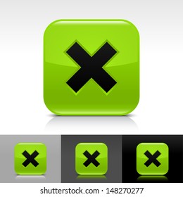 Delete icon set. Green color glossy web button with black sign. Rounded square shape with shadow, reflection on white, gray, black background. Vector illustration design element save 8 eps 