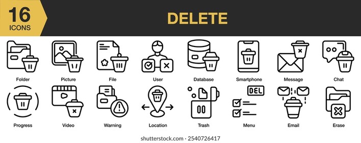 Excluir conjunto de ícones. Inclui bate-papo, banco de dados, e-mail, apagar, arquivo, pasta, local e muito mais. Contornar coleção de vetores de ícones.