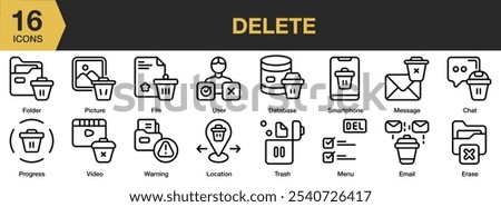 Delete icon set. Includes chat, database, email, erase, file, folder, location, and More. Outline icons vector collection.