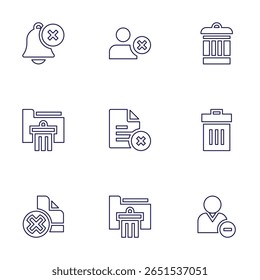 Delete icon set. Line style. Editable stroke. delete, remove user, user, delete file, folder.