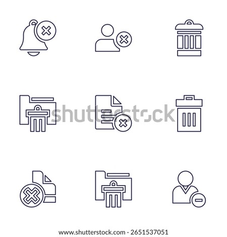Delete icon set. Line style. Editable stroke. delete, remove user, user, delete file, folder.