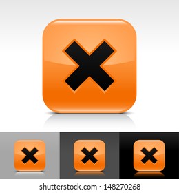 Delete icon set. Orange color glossy web button with black sign. Rounded square shape with shadow, reflection on white, gray, black background. Vector illustration design element save 8 eps 