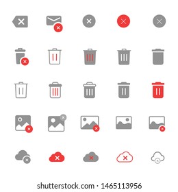 Delete icon set, remove image, delete audio, delete music, remove cloud item, delete mail, trash can, recycle bin vector for web and mobile apps