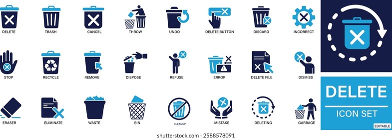 Delete icon set, trash, delete button, cancel, undo You can easily change the color