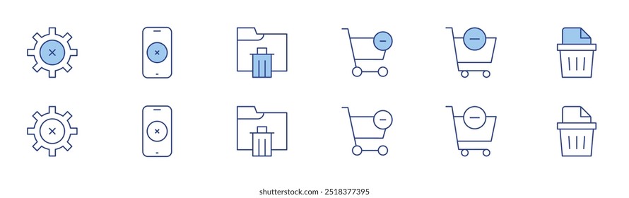 Delete icon set in two styles, Duotone and Thin Line style. Editable stroke. cancel, cart, smartphone, shopping cart, delete.