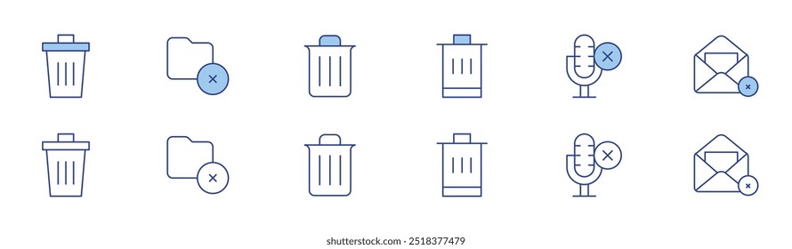 Delete icon set in two styles, Duotone and Thin Line style. Editable stroke. delete, trash, microphone, folder, bin.
