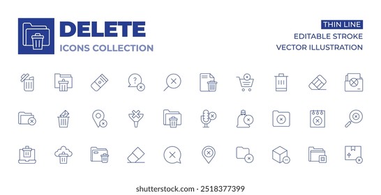 Delete icons collection. Thin Line icons, editable stroke. folder, money bag, note, remove, eraser, error, funnel, microphone, pin, recycle bin, email, paper bin.