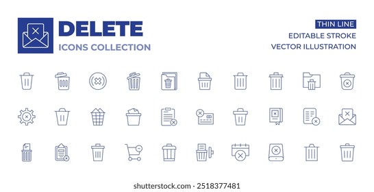 Delete icons collection. Thin Line icons, editable stroke. bin, cancel, cancellation, cart, delete, decline, trash, book, clipboard, credit card, cross, data storage.