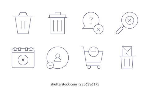 Symbole löschen. Bearbeitbarer Strich. Enthält Löschen, Frage, Suche, löschen Freund, Einkaufswagen, Müll.
