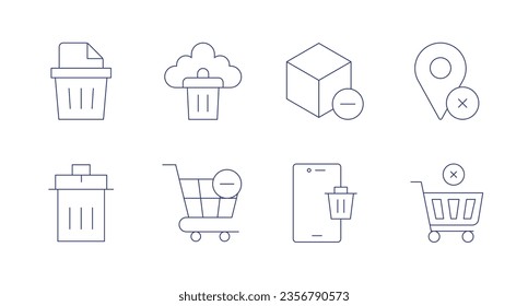 Delete icons. Editable stroke. Containing delete, paper bin, remove, pin, shopping cart, smartphone.