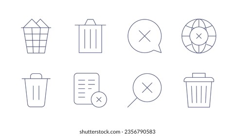 Delete icons. Editable stroke. Containing bin, trash, error, world, decline, magnifying glass, trash can.