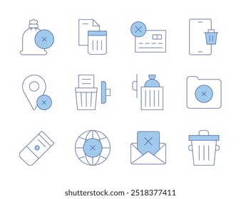 Delete icons. Line Duotone style, editable stroke. trash can, trash, world, folder, money bag, smartphone, eraser, pin, cancel, bin, credit card.