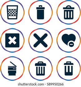 delete icons set. Set of 9 delete filled icons such as trash bin, minus favorite, cancel, delete trash bin