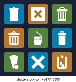 Delete icons set. set of 9 delete filled icons such as trash bin, delete trash bin
