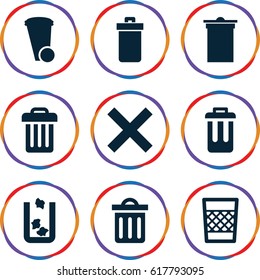 Delete icons set. set of 9 delete filled icons such as trash bin, delete trash bin, bin