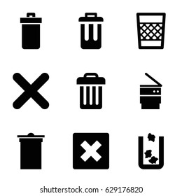 Delete icons set. set of 9 delete filled icons such as trash bin, cancel