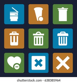 Delete icons set. set of 9 delete filled icons such as trash bin, minus favorite, delete trash bin, bin