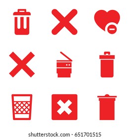 Delete icons set. set of 9 delete filled icons such as trash bin, minus favorite, cancel