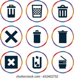 Delete icons set. set of 9 delete filled icons such as trash bin, delete trash bin, bin