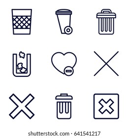 Delete icons set. set of 9 delete outline icons such as trash bin, minus favorite, cancel
