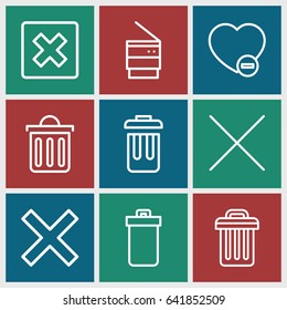 Delete icons set. set of 9 delete outline icons such as trash bin, minus favorite, cancel, delete trash bin