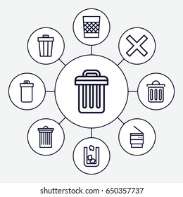 Delete icons set. set of 9 delete outline icons such as trash bin, delete trash bin