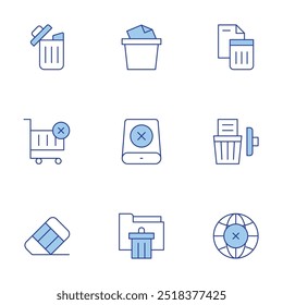 Symbolsatz löschen Linienduotonstil, bearbeitbarer Strich. löschen, Müll, Welt, Gummi, Warenkorb, Ordner, Datenspeicher, bin.