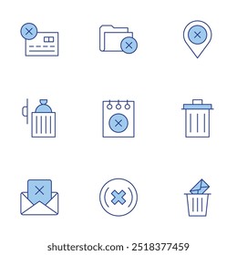 Delete icons set. Line Duotone style, editable stroke. cancelled, folder, trash can, note, remove, cancel, email, delete, credit card.