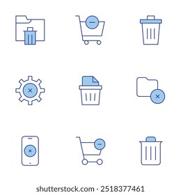 Delete icons set. Line Duotone style, editable stroke. cancel, cart, delete, smartphone, folder, shopping cart, bin.