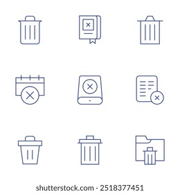 Delete icons set. Thin Line style, editable stroke. decline, delete, trash, bin, book, cross, data storage.
